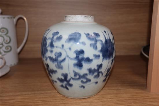 A 17th century Chinese blue and white ovoid jar, unglazed base height 17.5cm, lacking cover